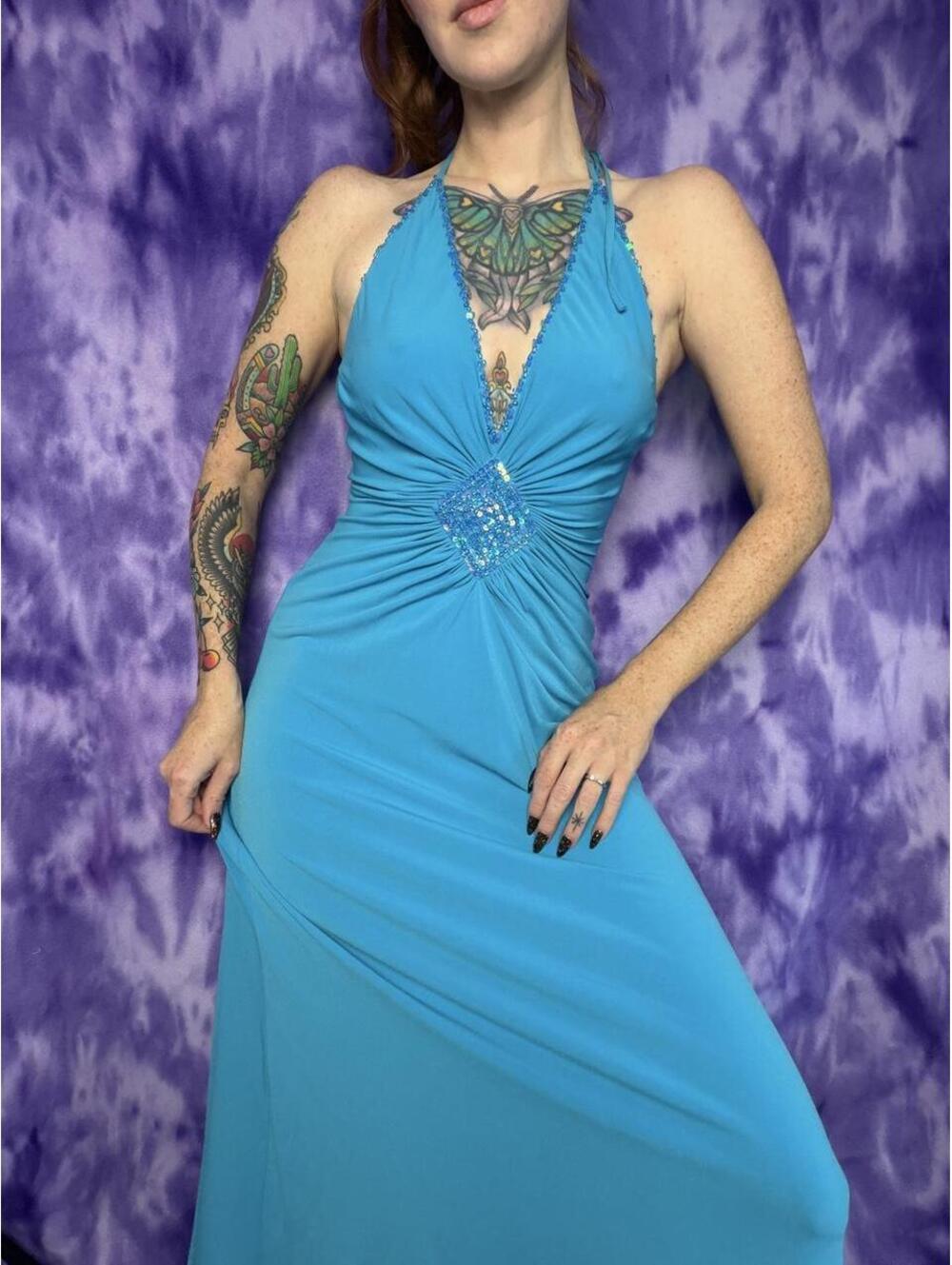 Y2k blue low back halter dress